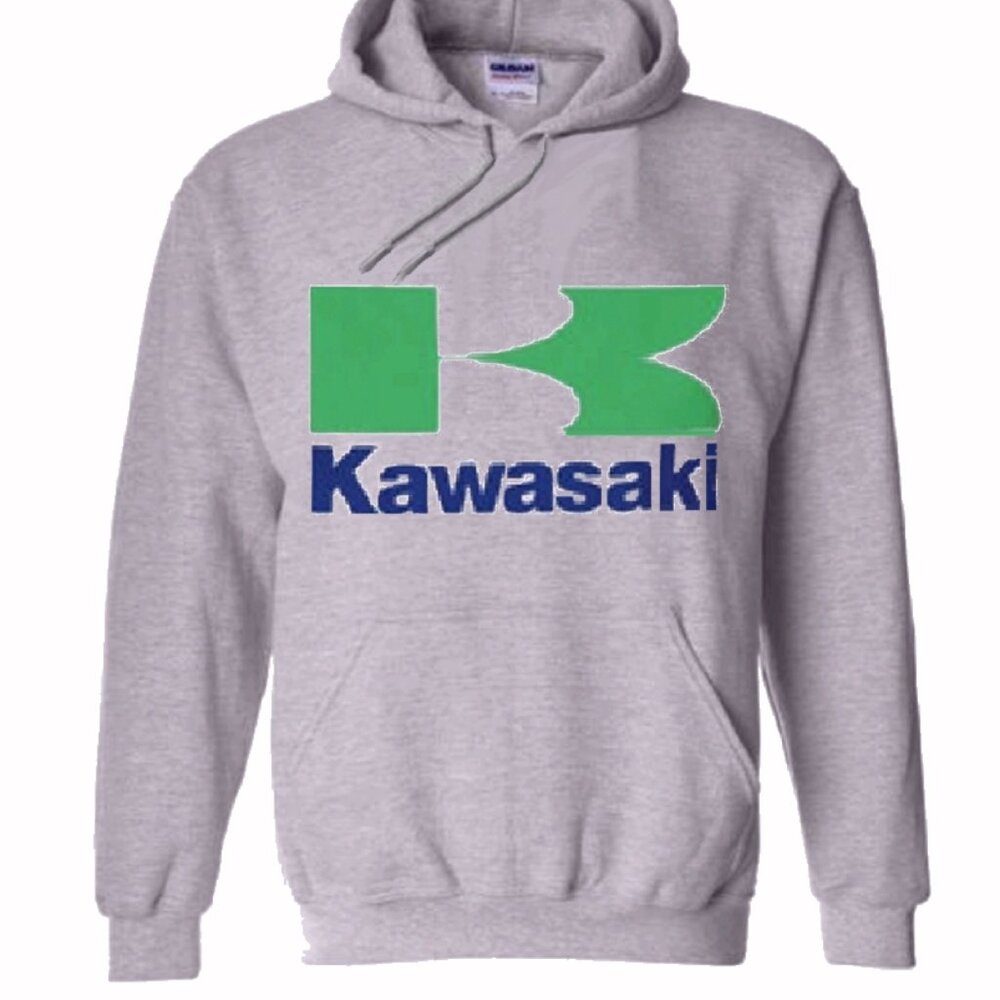 Kawasaki Logo Gray Green-Blue Pullover Hoodie - NEW Fast Ship